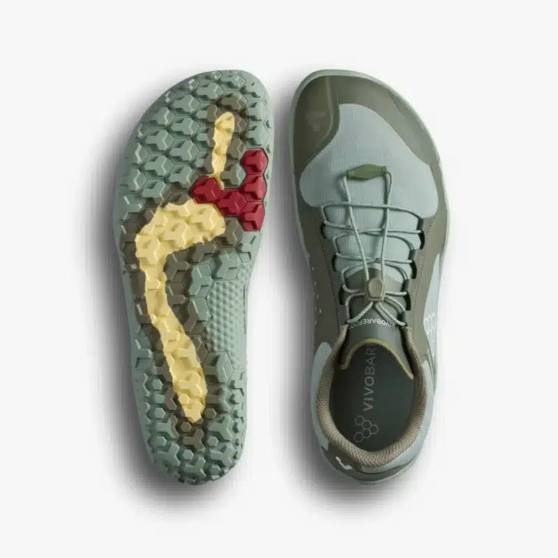 Боси мъжки обувки, подходящи за всякакъв терен - водоустойчиви. Vivobarefoot Primus Trail III All Weather - в разцветка Moss.