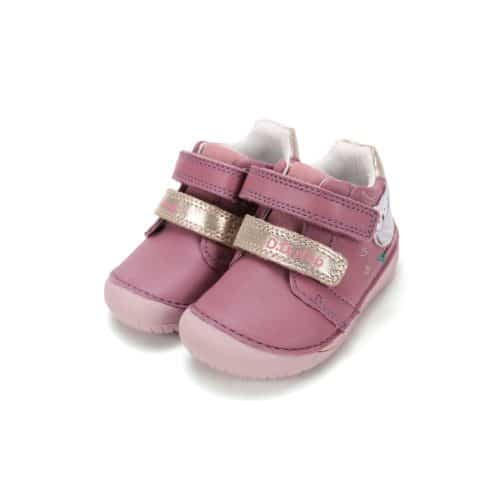 Кожени боси обувки DD Step, подходящи и при прохождане - розови със сова.