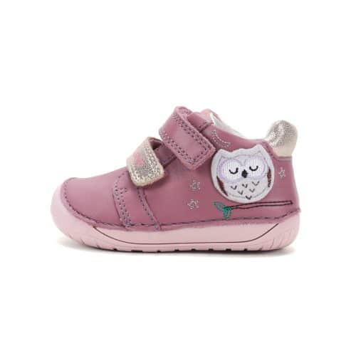 Кожени боси обувки DD Step, подходящи и при прохождане - розови със сова.